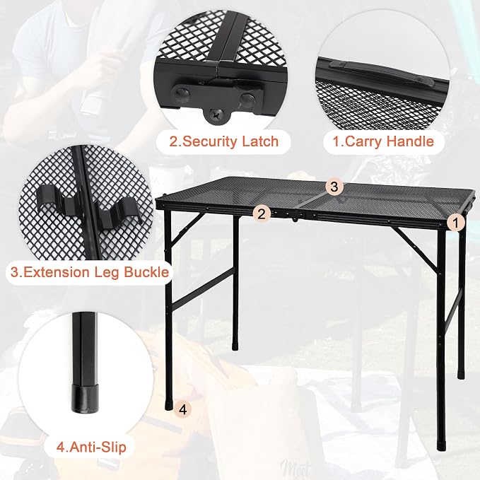 GREGIN Camping Table with Mesh Desktop, Lightweight & Portable Folding Grill Table, Height Adjustable Metal Outdoor Table for Camp, Cooking, BBQ, RV, Picnic-3 FT Black