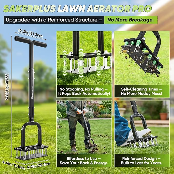 Sakerplus Aerator Lawn Tool, Spike Lawn Aerator with Auto-Return Self-Cleaning Tines, Anti-Fatigue Comfort Pad, Reinforced Anti-Breakage Joints, 15 Steel Tines for Garden Healthy Grass Aeration -Black