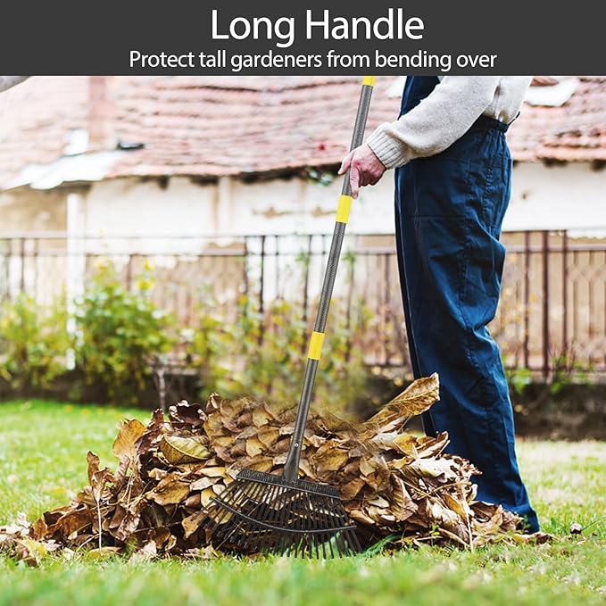 Leaf Rake, 30-76 inch Garden Rakes for Leaves Heavy Duty Long Handle, 25 Tines 18" Wide Metal Thatch Lawn Gravel Shrub Yard Landscape Rake for Leaves and Grass