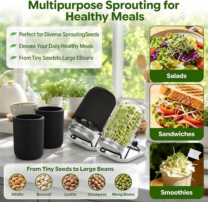 4 Pack Sprouting Jar Kit with Wide Mouth Mason Jars, Sprouting Lids, Stands, Drip Trays and Brushes, Seed Sprouter Set for Growing Broccoli, Mung Bean and Fresh Sprouts for Indoor Kitchen Use