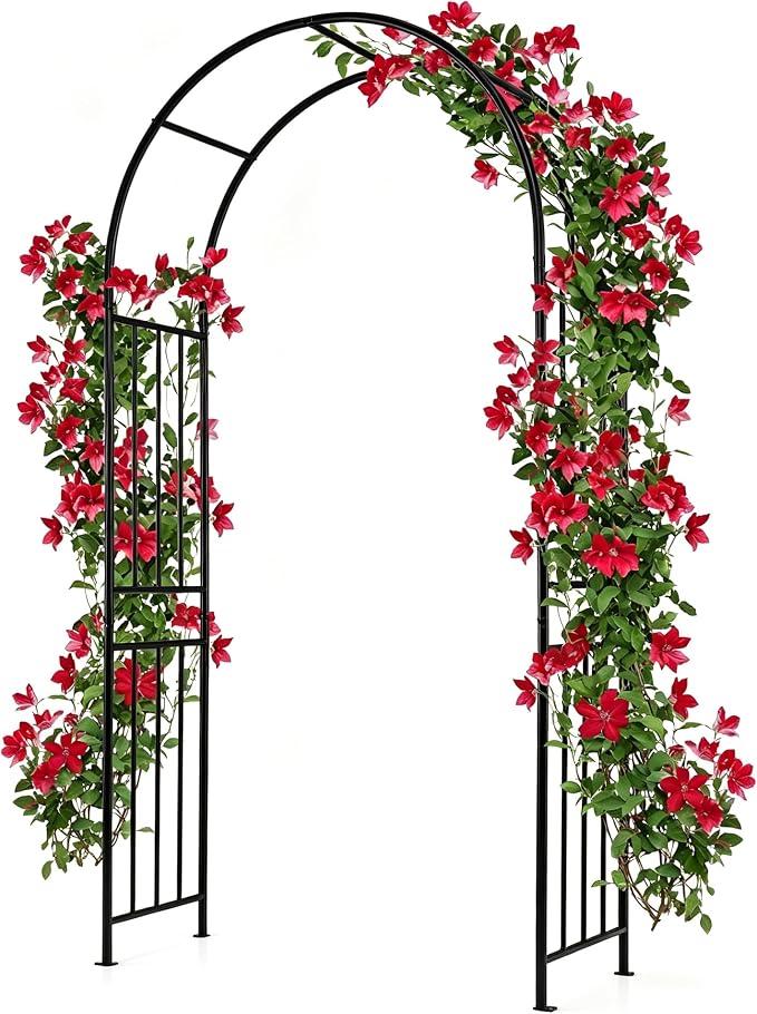 Giantex Garden Arch Outdoor Metal Arbor Trellis, 86'' Heavy Duty Steel Pergola Arch with Ground Stakes for Climbing Plants, Wedding, Party & Backyard Decoration (1 Pack)