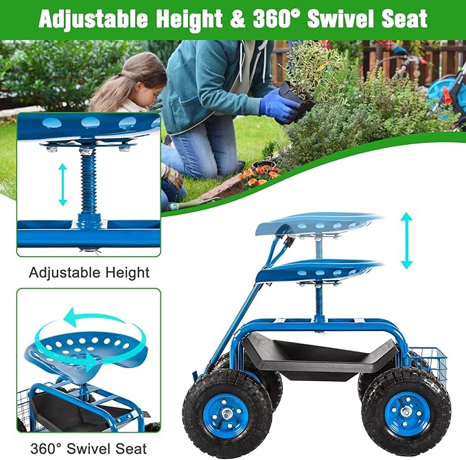 kinbor Garden Cart Rolling Work Seat with Tool Tray Outdoor Utility Lawn Patio Yard Wagon Scooter for Planting with Adjustable Handle 360 Degree Swivel Seat, Blue