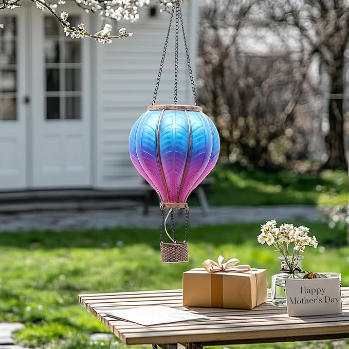 TERESA'S COLLECTIONS Hot Air Balloon Solar Lantern for Garden Decor, Flickering Flame Hanging Solar Light for Outdoor Decorations, Blue & Purple Plastic Lamp for Yard Tree Porch Party, Gift for Mom