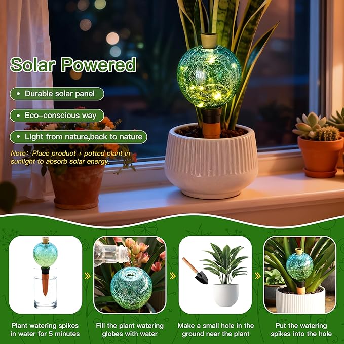 SAVENNA Crackle Glass Plant Watering Globe with Terracotta Spike,Self-Watering Irrigation for Potted Plants, with Solar Accent Light for Indoor & Outdoor Décor, 17oz, Blue–Green Gradient