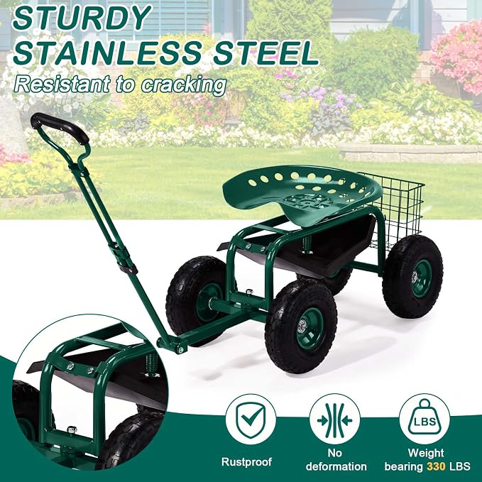 4-Wheel Rolling Garden Cart Work Seat with Tool Tray, Heavy Duty Planting Cart Tools on Wheels, Adjustable Steering Handle & Utility Tool Tray,Gardening Work-Seat,for Patio, Yard, and Outdoors, Green