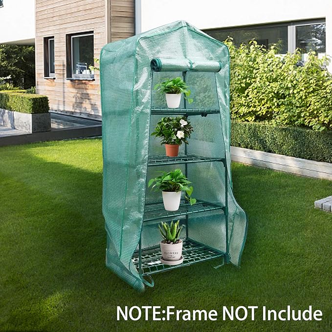 Sfcddtlg 4 Tier Greenhouse Replacement Cover with Roll-Up Zipper Door-PE Plant Greenhouse Cover for Indoor Outdoors Gardening Plants Cold Frost Protection Wind Rain Proof (Frame NOT Include)