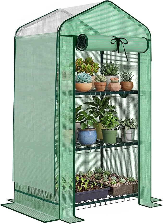 Outsunny 3 Tier Mini Greenhouse with Screen Roof, 27.6" x 19.7" x 50", Portable Small Greenhouse with High Strength PE Cover, Roll-Up Zipper Door for Garden Yard Backyard, Green