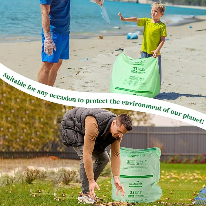 ECOLipak 33 Gallon Compostable Trash Garbage Bags, 25 Count (1 Roll) Biodegradable Heavy Duty Large Outdoor Trash Bags for Lawn/Yard, US BPI ASTM D6400 and OK Compost Home Certified