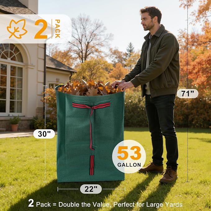 Leaf Collector & Yard Waste Bags 2-Pack, 53 Gallon Heavy Duty Reusable Dustpan-Type Lawn Bag, Collapsible Leaf Bag for Grass, Leaves, Debris