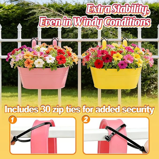 MADHOLLY Railing Planter with Drainage Holes - 6Pcs Sturdy Bucket Pots for Railing Fence, Countryside Style Metal Flower Pots for Herbs Balcony Garden Yard Decor, Colorful