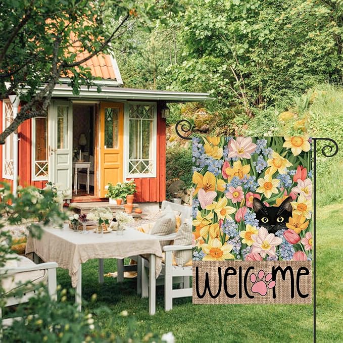 AVOIN colorlife Spring Floral Garden Flag 12x18 Inch Double Sided Outside, Black Cat Welcome Seasonal Yard Outdoor Flag