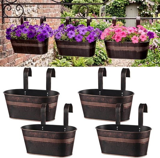 Hicarer Metal Hanging Flower Pots for Railing Fence, Large Hanging Rail Planters for Outdoor Window Balcony Plants Holder with Hooks for Garden Yard Home Decor(Bronze,4 Pcs)