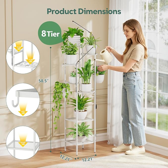 Quikraen 8 tiers Metal Plant Stand with Grow Lights, Tall Lighted Corner Plant Shelf for Indoor Plant Growing,Flower Pot Holder, Plant Rack for Home Decor, Patio (White)