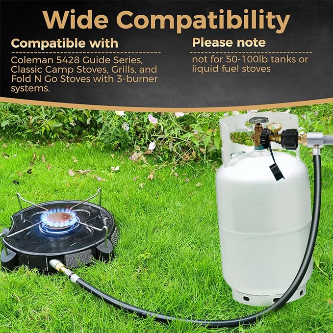 5428A Camp Stove Regulator and 3FT Hose Assembly Compatible with Coleman Guide Series Camp 3-Burner Propane Stoves, Fits 1lb to 20lb Tanks with QCC Type 1 Connector