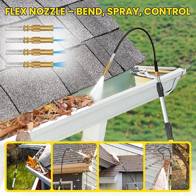 24FT Reach Gutter Cleaning Tools from Ground, Telescopic Rain Gutter Cleaner Tool with Garden Hose Attachment and Bendable Sprayer Wand