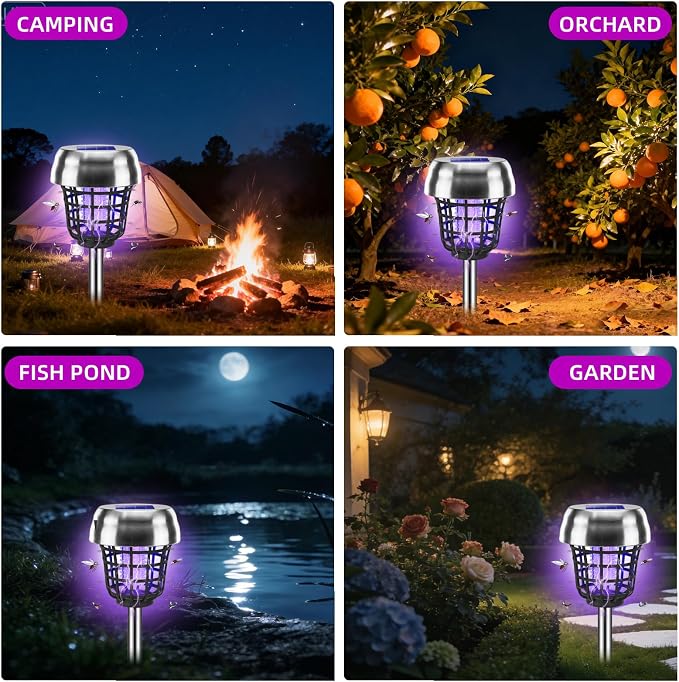 2026 Solar Bug Zapper Outdoor Waterproof Mosquito Repellent Outdoor Patio Mosquito Trap & Killer for Backyard, Farm, Garden, Solar Powered Fly Zapper for Small Flying Insect, Flies, Moths, Gnats(4)
