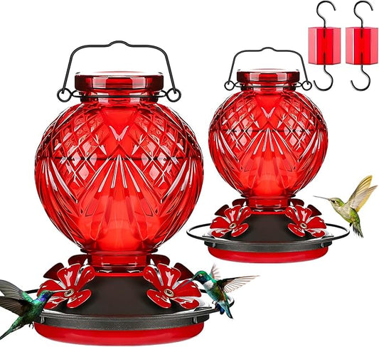 Glass Hummingbird Feeder for Outdoors Hanging, 20oz Bird Nectar Feeder with 4 Bee Guard Flower-Shaped Feeding Ports & Built-in Ant Moat, Easy to Clean, for Bird Lover,2 Pack,Red