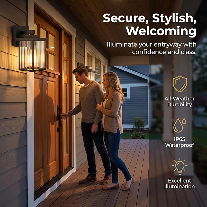 2 Pack Matte Black Porch Light, Rust-Resistant Outdoor Wall Light | Corrosion-Resistant Metal, Textured Glass Cuts Glare, Easy DIY Install on Porch, Garage