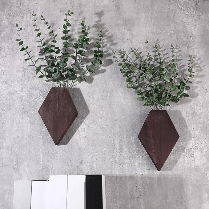 Chunful 2 Pcs Wooden Wall Planter Decor Hanging Fake Plants Greenery Flowers Holder Vase Boxes for Wall Bohemian Farmhouse Room Kitchen Office Indoor Decoration(Brown,7.1 x 4.7 x 1.2 Inches)