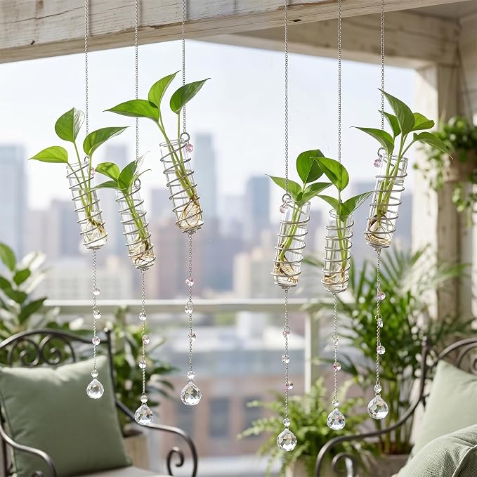 H&D HYALINE & DORA 6 Pcs Hanging Plant Propagation Station with Crystal Ball Prisms Suncatcher and Cleaning Brush, Glass Plant Suncatcher for Indoor Wall Plants Gifts for Plants Lovers(Silver)