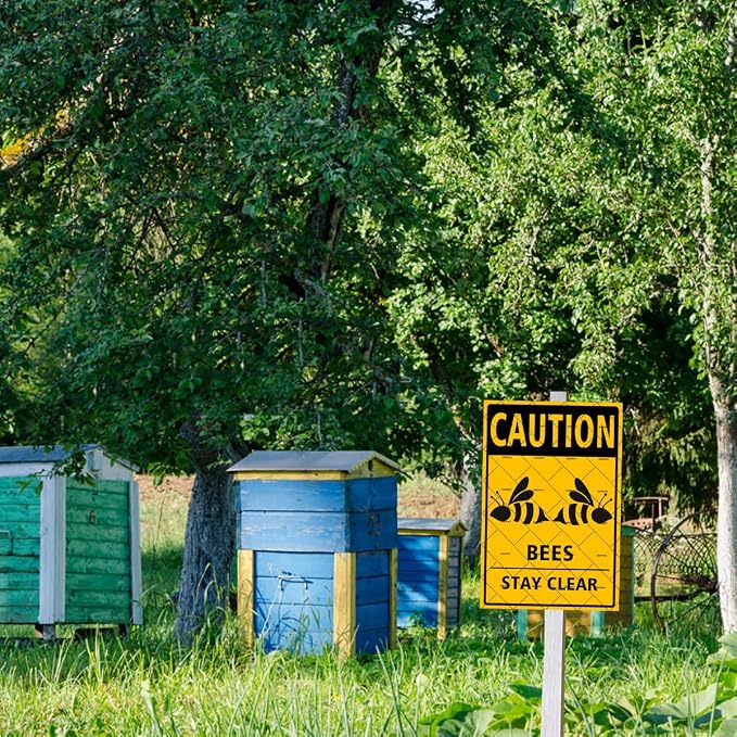 EMOHAT Caution Bees Stay Clear Metal Tin Sign, Aluminum Warning Sign, 16x12 Inch Bee Wall Decor for Garden & Yard, Rustic Farmhouse Outdoor Indoor Decor