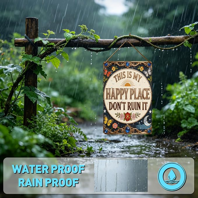 Funny Garden Signs, This is My Happy Place 2D Flat Vintage Garden Decor, Outdoor Wall Decor for Patio Yard Greenhouse Home, Waterproof Garden Gifts 8x12 Inch