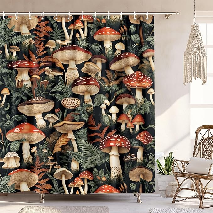 Retro Boho Mushroom Shower Curtain, Vintage Bohemian Witchy Dark Floral Botanical Bath Shower Curtain Set with 12 Hooks, Fairy Nature Plant Botanical Abstract Shower Curtain Bathroom 72"X72" Black