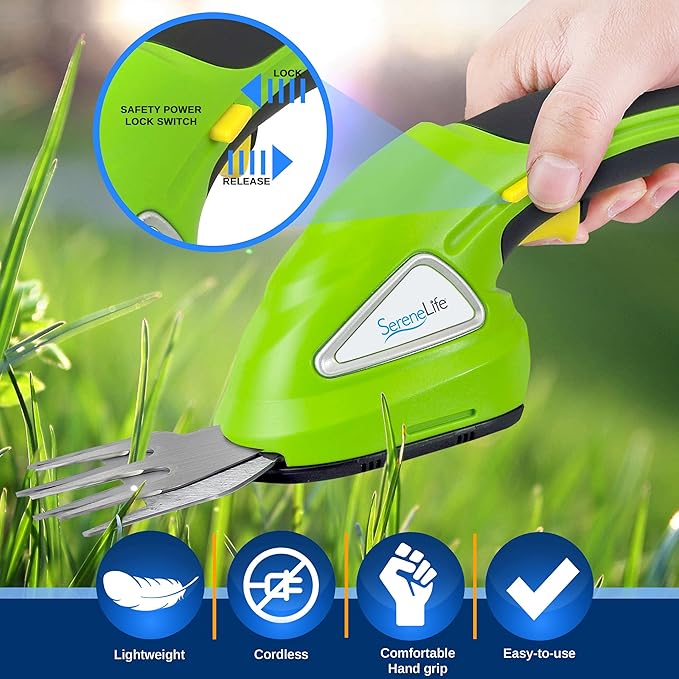 SereneLife Cordless Handheld Grass Cutter Shears, Portable Lightweight Electric Hedge Trimmer, Hand Held Garden Clippers Powered with Rechargeable 3.6V Battery, Changeable Blade Trimmers Light Green