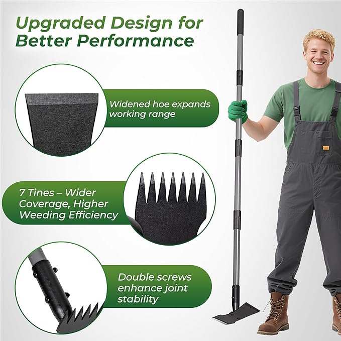 Walensee Weed Puller Tool with 64" Long Handle,2 in 1 Portable Manual Weeder Remover Tool with Weed Rake, Garden Hoe for Weeding, Heavy Duty Uprooting Weed Puller for Yard, Lawn, Garden and Patio