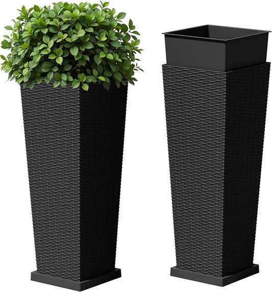 Devoko Resin Tall Planters for Outdoor Plants Set of 2, Large Taper Outdoor Planter Pots with 4 Drainage Holes, Flower Pots Modern Decor for Porch, Patio, Backyard, Garden(Black, 32" with Trays)