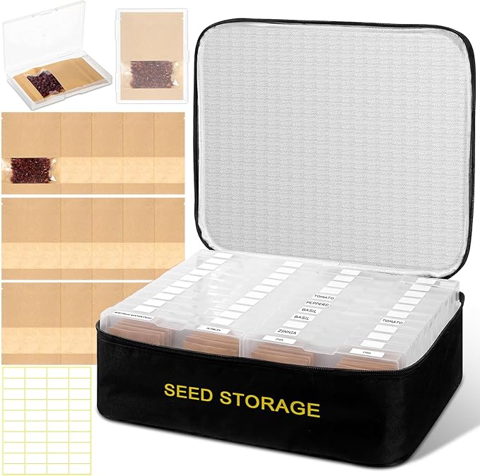 Redbaker 26 Slots Seed Storage Organizer Box with Insulated Bag 30 Seed Envelopes Bag and 40 Label Stickers, Garden Seeds Container for Plant, Flower, Vegetable Seeds