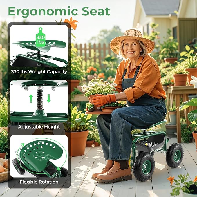 DORTALA 4-Wheel Rolling Garden Cart Work Seat with 360 Swivel & Height Adjustable Seat, Heavy Duty Planting Cart with Storage Basket, Green