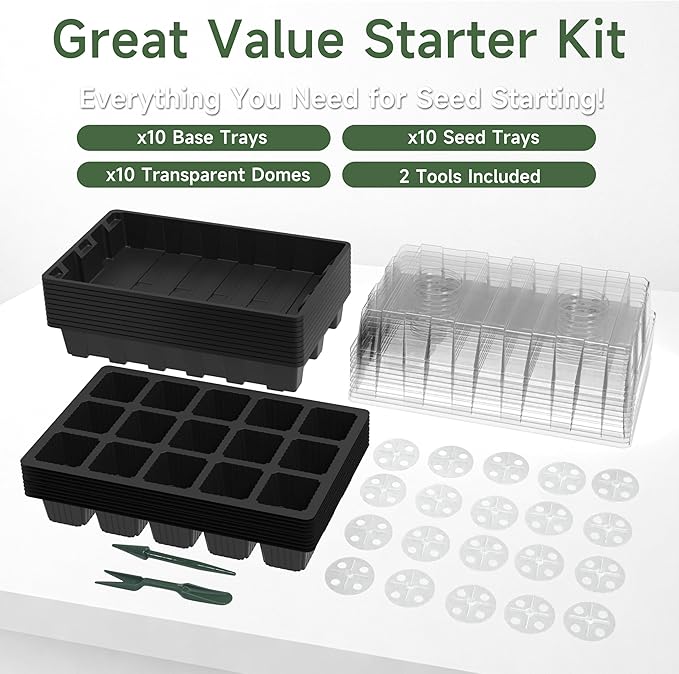 Gardzen 10-Pack Seed Starter Kits, Reusable Plant Germination Trays with Total 150-Cell, Seed Starter Tray with Humidity Vented Domes and Bases for Starting Vegetable Flower Herb Seeds 15" x 9", Black