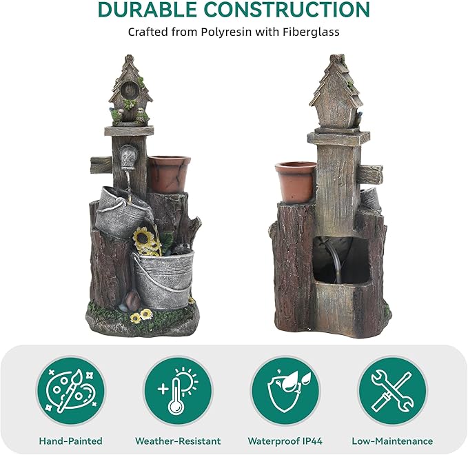 20" 3-Tier Resin Birdhouse Water Fountain, Pastoral Cascading Bucket Water Feature with LED Lights, Soothing Outdoor Fountain for Patio Backyard Garden Porch