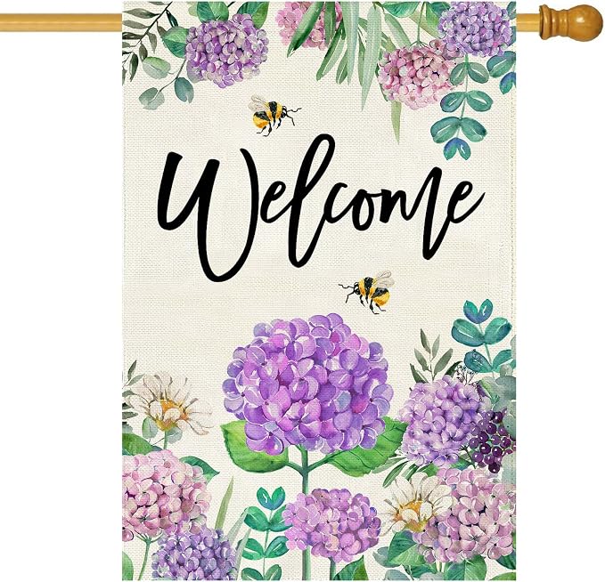 Baccessor Summer Hydrangea House Flag Double Sided 28x40 Inch, Purple Flower Floral Welcome House Flag Burlap Seasonal Farmhouse Yard Outdoor Decoration (Large)
