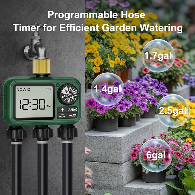 Water Timer for Outdoor Garden Hose, Sprinkler Timer for Garden Faucet with Auto/Manual/Rain Delay Mode, Sprinkler Irrigation Controller for Yard Lawn (3 Zones Brass Inlet)