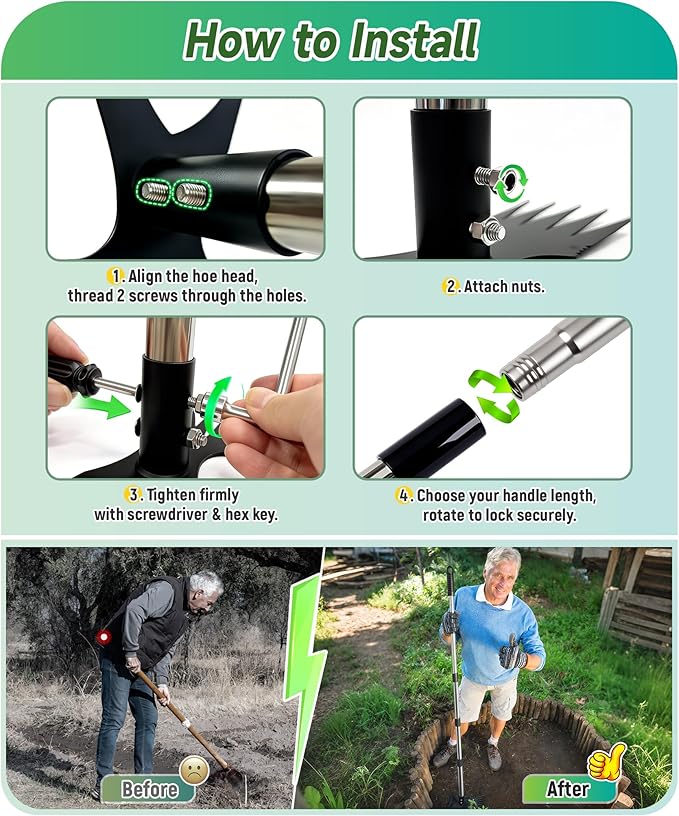 71in Weed Puller Tool with Long Handle, 2 in 1 Heavy Duty Garden Hoe and Hand Weed Rake, Adjustable Manual Weeders for Uprooting with Gloves for Gardens, Lawns, Yards