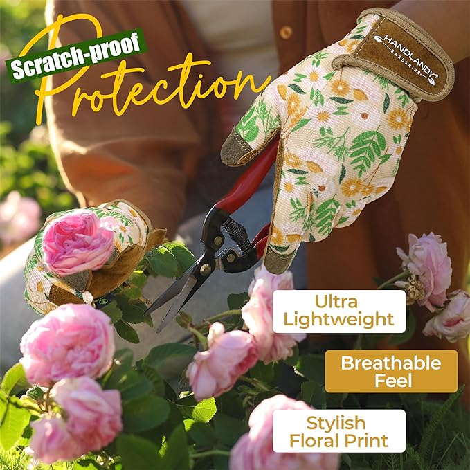 HANDLANDY Gardening Gloves for Women, Breathable Ladies Leather Garden Yard Gloves Best Gift for Gardeners