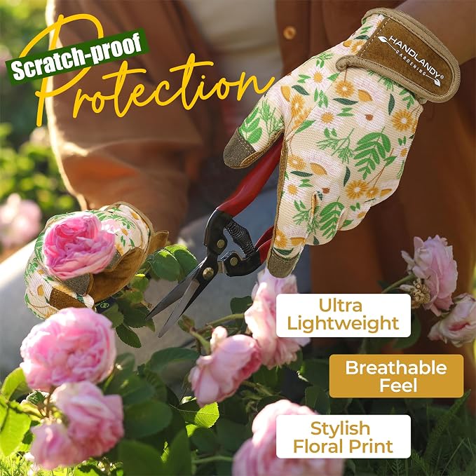 HANDLANDY Gardening Gloves for Women, Breathable Ladies Leather Garden Yard Gloves Best Gift for Gardeners