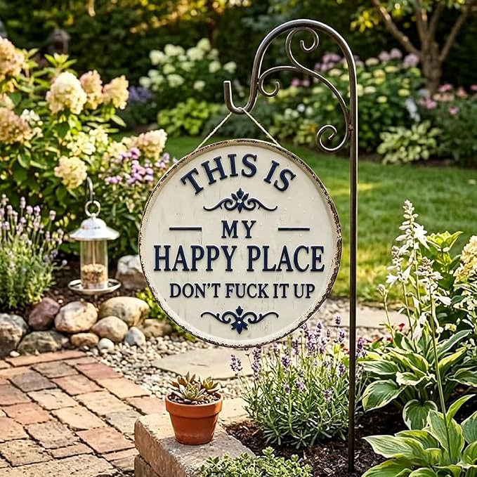 Happy Place – Vintage Statement Metal Sign,“This Is My Happy Place Don’t Fuck It Up” Rustic Tin Plaque for Home Patio Porch & Outdoor Spaces Front Door Home Office Kitchen 12 * 12in