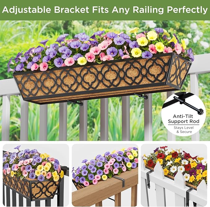 Y&M 30'' Large Window Box Railing Planter with Coco Liner, Outdoor Window Flower Boxes Over The Railing Planter Boxes Deck Fence Porch Patio Planter-2 Pack