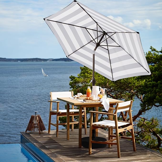 JEAREY 7.5FT Patio Umbrella Market Table Umbrella with 6 Sturdy Ribs, Push Button Tilt/Crank Outdoor Umbrella for Garden, Deck, Backyard, Pool, Black & White Stripe