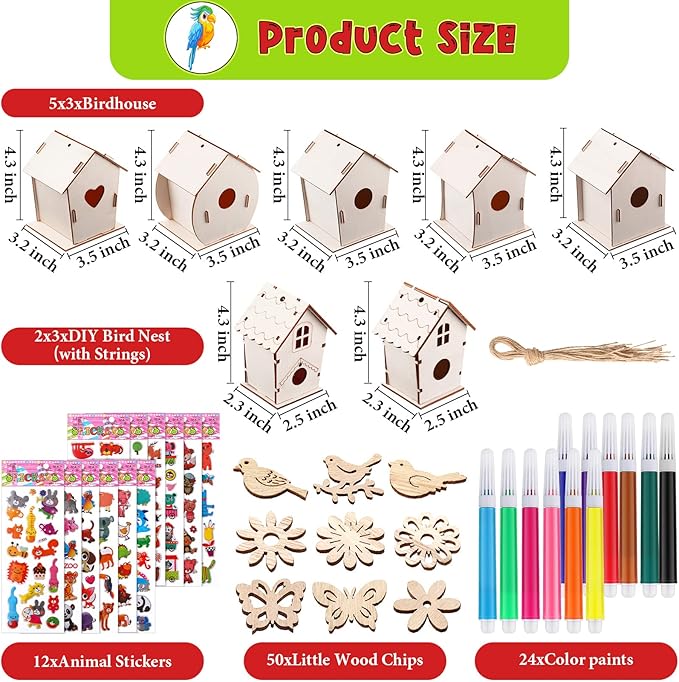 Tuanse 107 Pcs Wooden Birdhouse DIY Kits Includes 21 Unfinished Wood Mini Bird House 24 Watercolor Pen 50 Bird Butterfly Flower Slices 12 Animal Stickers for Adults DIY Craft Making Supplies (Cute)