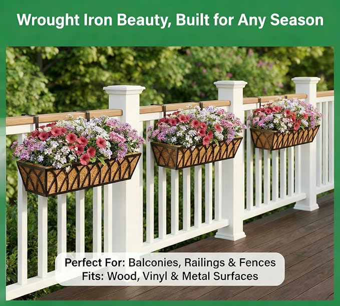 Y&M 2 Pack Hanging Railing Planter Boxes, 30 Inch Adjustable Balcony & Deck Planter, Heavy Duty Metal Flower Box for Porch, Fence & Window, Outdoor Plant Holder