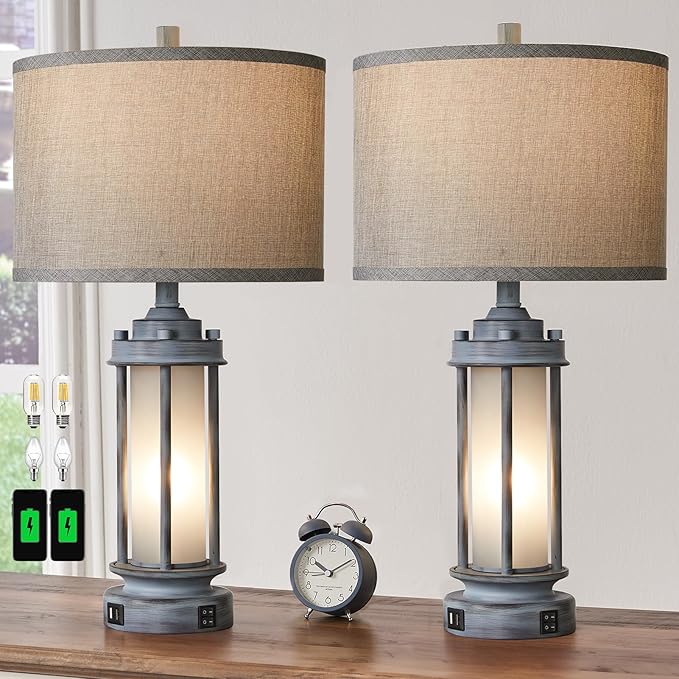 AIEAMPDO Set of 2 Rustic Table Lamps for Living Room with 2 USB C+A Ports | Farmhouse Vintage Nightstand Lamp, Antique Retro Light Green Glass Night Light for Bedroom Entryway, 4 Bulbs Included
