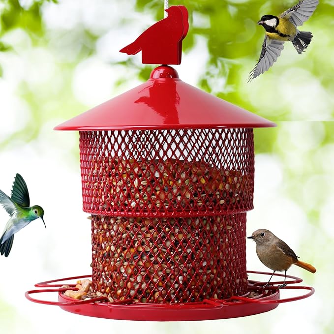 Squirrel Proof Bird Feeder for Outdoors, 4 Lbs Large Capacity Metal Mesh Wild Bird Feeders, Hanging Birdfeeder for Finch, Cardinal, Chickadees, Blue Jay, Red