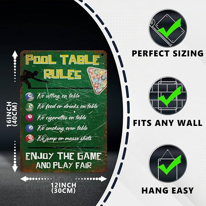 Retro Pool Table Rules Tin Sign Vintage Metal Poster Nostalgic Wall Art Bar Pub Man cave Shop Living Room Bedroom Game Room 16 * 12 In