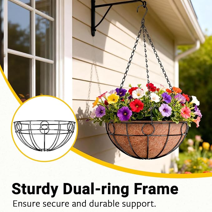ZeeDix 2 Pack 14 Inch Metal Outdoor Plant Hanging Baskets, Round Wire Planter Basket with Coco Coir Liner, Large Hanging Flower Pots for Outdoor Garden Yard Patio Porch Balcony Decor