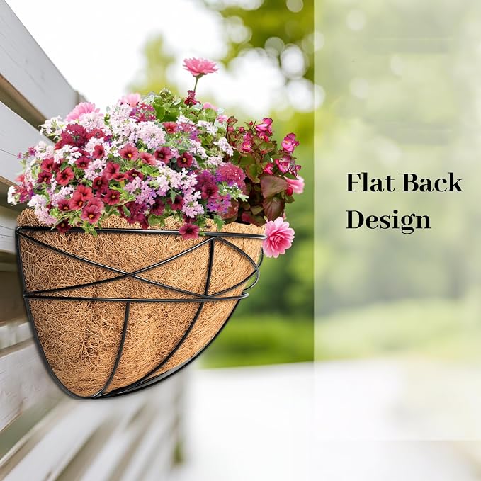 4 Pack 16 Inch Window Boxes Planters Railing Planter Box with Coco Liners Deck Railing Planter Boxes Balcony Hanging Flower Box Wall Mounted Half Round for Outdoor Plants Garden Decor