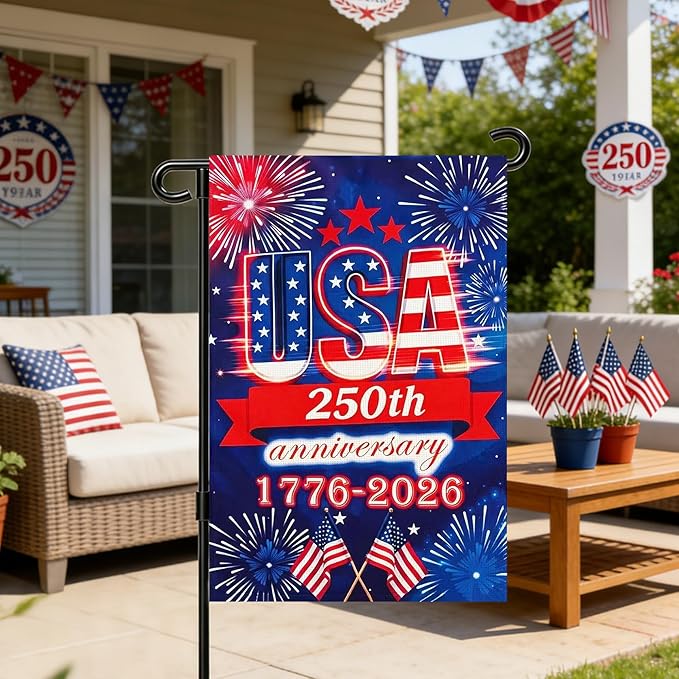 250 Anniversary Usa Garden Flags for Outside, 250 Anniversary USA Flag 1776-2026 Commemorative Patriotic Yard Sign Outdoor Firework Design Banner 4th of July Decorations Double Sided Waterproof 250 Year American Flag 12x18 Inch